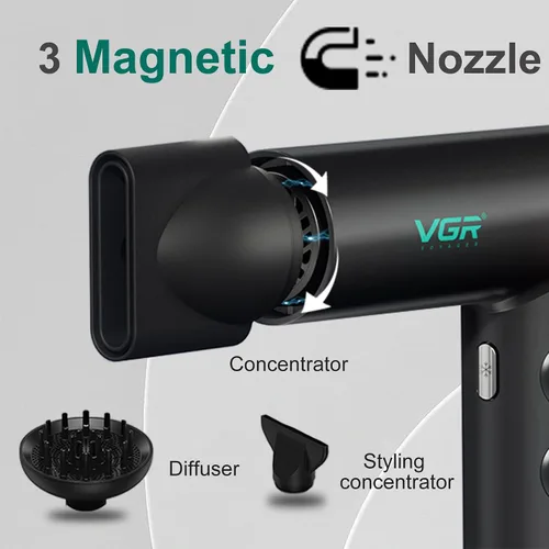 Miniatura 5 de VGR Secador de pelo iónico negativo 401, secador profesional de motor BLDC para secado rápido, pantalla LED, termo de bajo ruido y secador de pelo