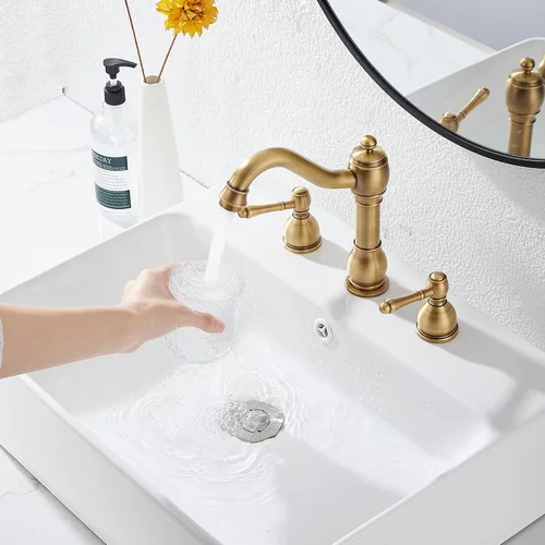 Miniatura 7 de Grifo de 2 manijas para lavabo de tres agujeros, grifo de lavabo de baño extendido, grifo mezclador, manguera de suministro incluida, desagüe Latón