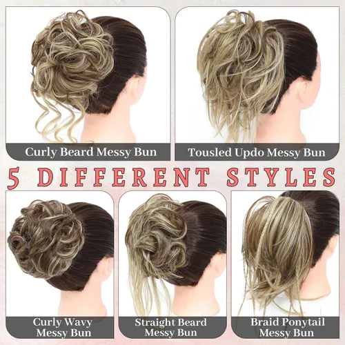 Miniatura 4 de 5 piezas de extensiones de cabello para moños desordenados con banda elástica de goma para mujeres, extensiones de cola de caballo con horquillas