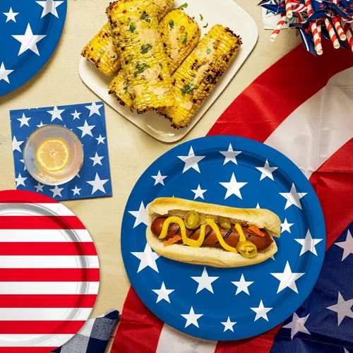 Miniatura 4 de Suministros de fiesta patriótica de bandera estadounidense, platos de papel desechables para cenas, platos de papel para postres, servilletas