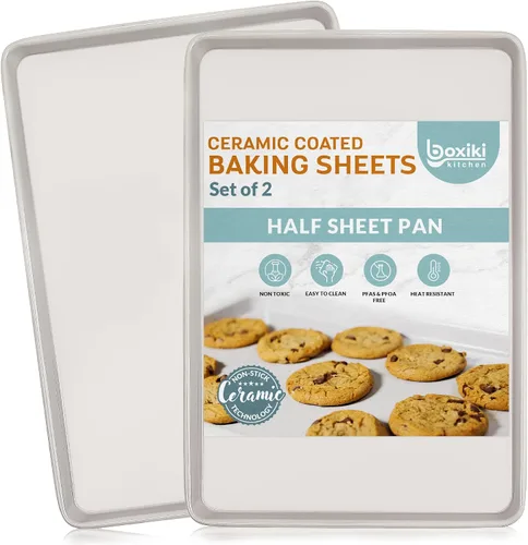 Miniatura 8 de Boxiki Kitchen Bandeja antiadherente para hornear y galletas, no tóxica de acero al carbono con borde de 11 x 14 pulgadas. Resistente a abolladuras