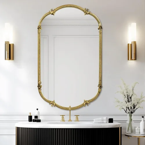 Miniatura 4 de Espejo de pared ovalado dorado de 19 x 32 pulgadas, espejo decorativo con marco de cuentas de metal, bonito patrón de pájaros y flores, espejo
