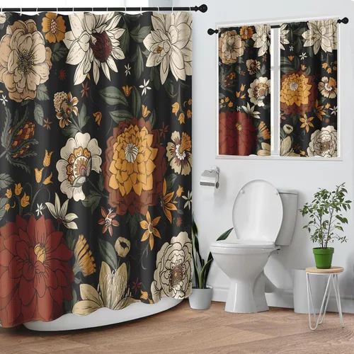 Juego de cortinas de ducha bohemias florales negras, diseño vintage de peonía con flores, para ventana de baño, tela texturizada de gofre, cortinas