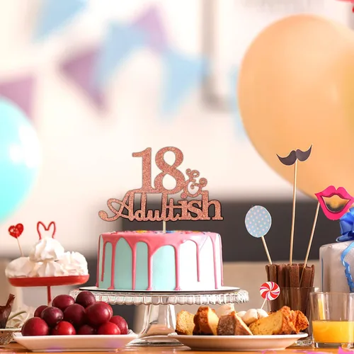 Miniatura 6 de Decoración de pastel de 18 años con purpurina de oro rosa y Adultish para fiesta de cumpleaños de dieciocho años, decoraciones de pastel de tiempo