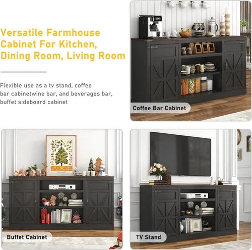 Miniatura 6 de Hlivelood Mueble de TV Estilo Granja de 66" con Tomas de Corriente para TVs de 75 Pulgadas, Centro de Entretenimiento de 33" de Alto con Gabinetes
