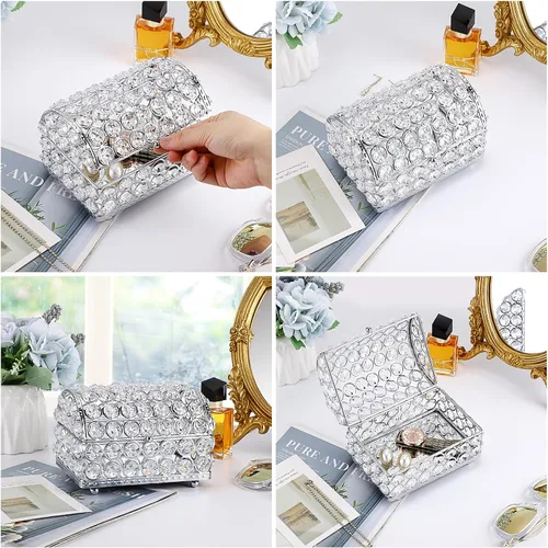Miniatura 4 de ELLDOO Joyero de cristal, caja organizadora de aretes, anillos, decoración del hogar, caja decorativa con tapa, regalo plateado para San Valentín