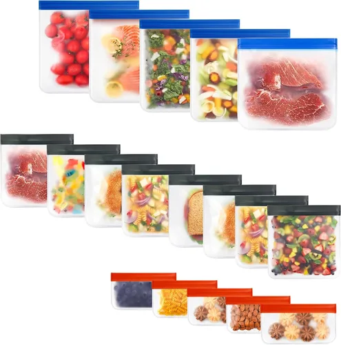 Miniatura 14 de Paquete de 10 bolsas extra gruesas de silicona reutilizables para almacenamiento de alimentos, 3 pequeñas, 4 medianas, 3 bolsas grandes con cierre