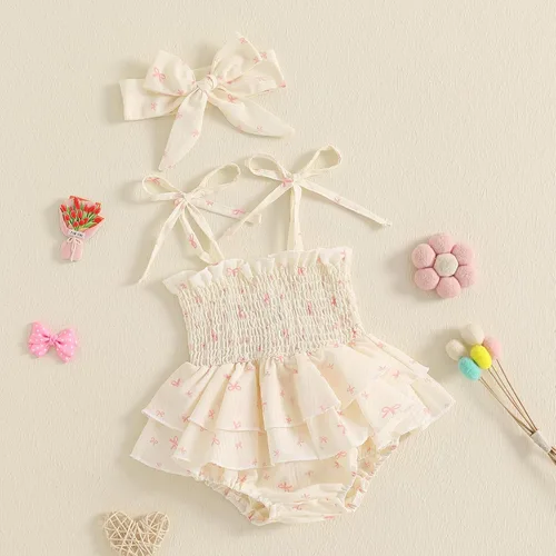 Miniatura 85 de Mameluco para bebés y niñas de 3, 6, 9, 12, 18 meses, enterizo de manga corta, fruncido, faldas y dobladillo, diadema