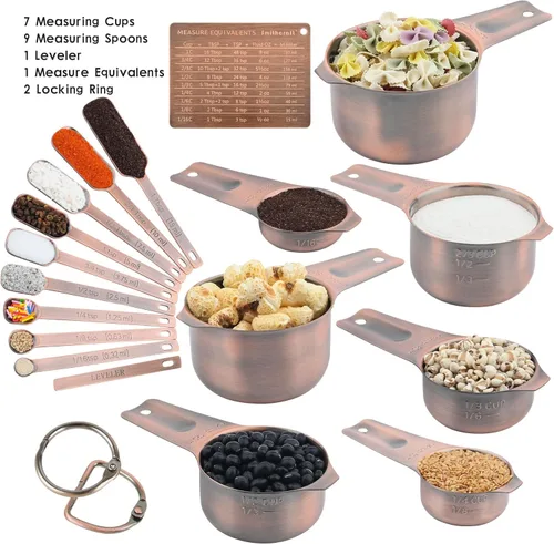 Miniatura 2 de Juego de tazas y cucharas medidoras, juego de tazas y cucharas medidoras de cobre para seco y líquido, taza métrica y de acero inoxidable 7 de EE.