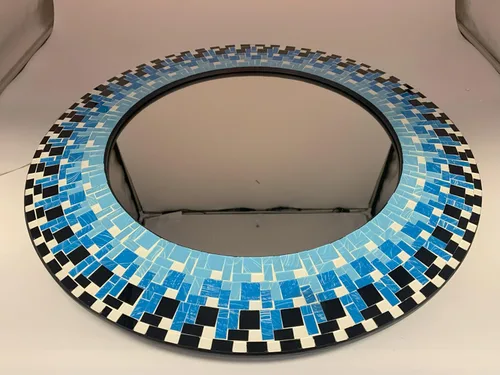 Miniatura 3 de Decoración artística de pared – Espejo de pared decorativo hecho a mano, mosaico azul, blanco y negro, marco de 24 pulgadas, espejo redondo de 15
