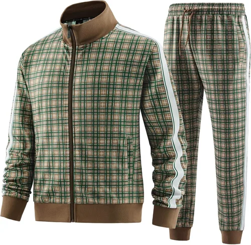 Miniatura 2 de W JIANWANG Conjunto deportivo de 2 piezas para hombre con cremallera completa manga larga a cuadros chaquetas y pantalones activos