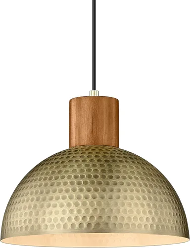 ELYONA Accesorios de Lámparas Colgantes Vintage, 12" Latón Cepillado Metal Martillado y Madera de Caucho Lámpara Colgante Industrial en Forma de