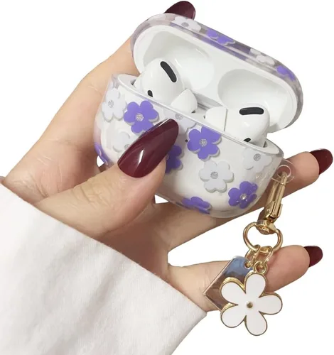 Miniatura 7 de Funda protectora para AirPods Pro de 1ª generación con llavero, bonita funda protectora para auriculares con flores negras y flores, TPU suave