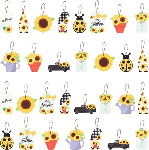 WATINC Juego de 31 adornos de madera colgantes de gnomo de girasol, elementos de gnomo de verano, suministros de decoración, etiquetas de madera con