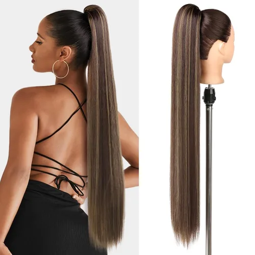 Miniatura 33 de SEIKEA Extensiones de cola de caballo con cordón, larga y recta, cola de caballo falsa, natural, suave, extensiones de cabello sintético resistente