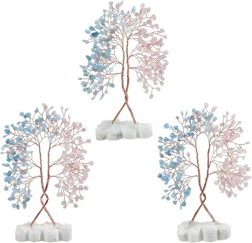 Miniatura 4 de mookaitedecor Árbol de cristal natural de cuarzo rosa y aguamarina con doble corazón de roca de cuarzo con base de piedra, bonsái, árbol de la vida