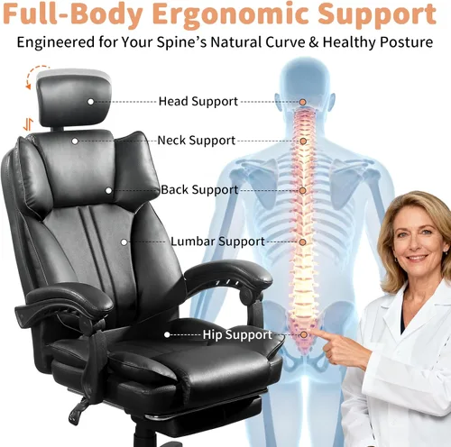 Miniatura 2 de Silla de oficina grande y alta, cómoda silla ergonómica de cuero para computadora con reposacabezas, respaldo alto, silla ejecutiva reclinable
