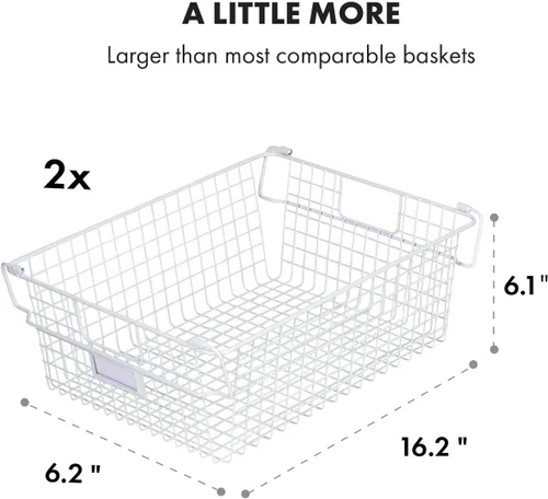 Miniatura 3 de Granrosi Cestas de alambre apilables XXL para organizar, juego de 2 cestas de almacenamiento de alambre blanco con asas; organizador de aperitivos