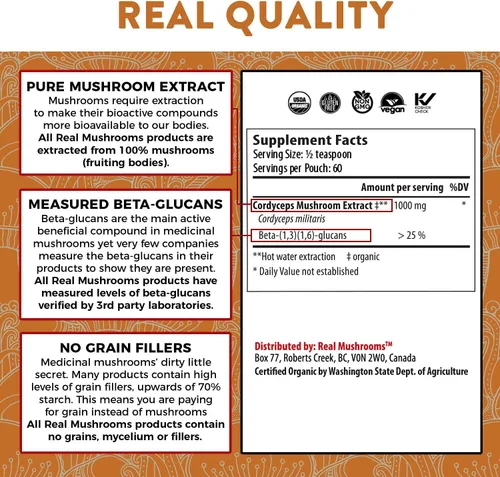 Miniatura 6 de Real Mushrooms Mezcla de chocolate caliente (15 porciones) y Cordyceps (60 porciones) en polvo – Suplemento en polvo de hongos para energía