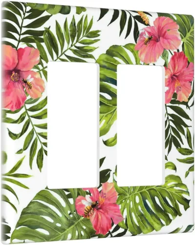 Miniatura 12 de Cubierta de placa de pared con palmera verde de planta tropical, cubierta de interruptor de luz de 1 cuadrilla, hojas de plátano, flores rosas