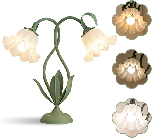 Linda lámpara de mesa con flores, gran lámpara de mesita de noche vintage con flores, lámpara de flores con 3 colores de temperatura para