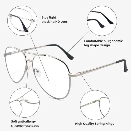 Miniatura 5 de Paquete de 3 Gafas de Lectura Bifocales para Mujeres y Hombres, Gafas Lectoras Bifocales de Aviador, Lentes de Doble Foco +2.0 3 pares: oro + plata