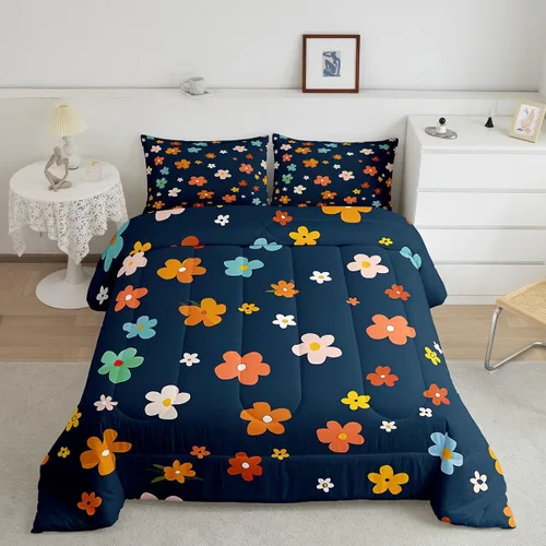Miniatura 13 de Lindo juego de edredón de flores para niños y mujeres. Juego de ropa de cama de flores coloridas de dibujos animados, tamaño individual, bonito