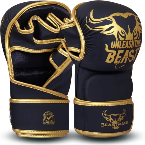Miniatura 10 de BEAST RAGE Guantes MMA para Hombres Mujeres, Muñequeras Ajustables de Palma Abierta para Artes Marciales Grappling Sparring para Muay Thai Lucha