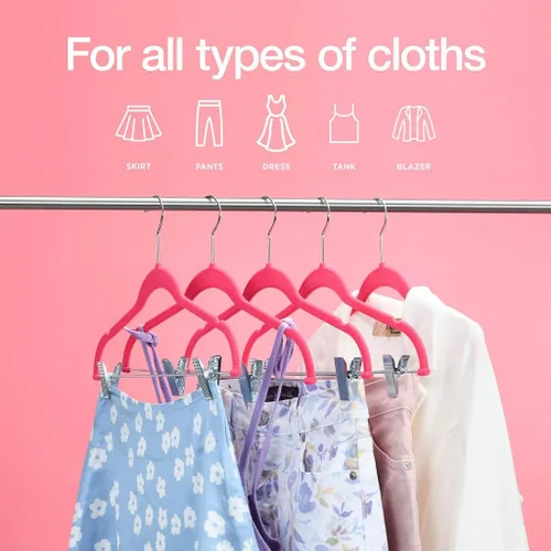 Miniatura 3 de Home-it - Paquete de 10 perchas para ropa con clips, perchas de terciopelo rosa, para colgar faldas, perchas para ropa, pantalones, perchas