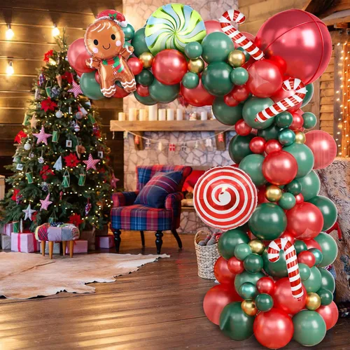 Miniatura 4 de Kit de Guirnalda de Globos de Navidad, 108 Piezas Globos Retro Verde Oscuro Rojo Oro Arco con Globos 4D, Globos de Caramelo en Forma de Bastón