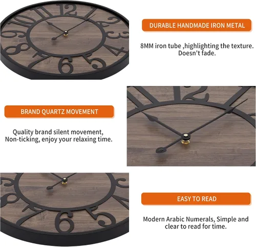 Miniatura 5 de LEIKE Relojes de Pared Grandes, Sin Tic Tac Silenciosos, Operados por Batería Pequeño Redondo Moderno Reloj de Pared de Madera para Sala de Estar