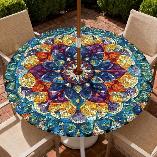 Miniatura 23 de Mantel para exteriores con agujero para sombrilla y cremallera, impermeable, redondo, ajustable con borde elástico, mantel lavable para mesa al aire