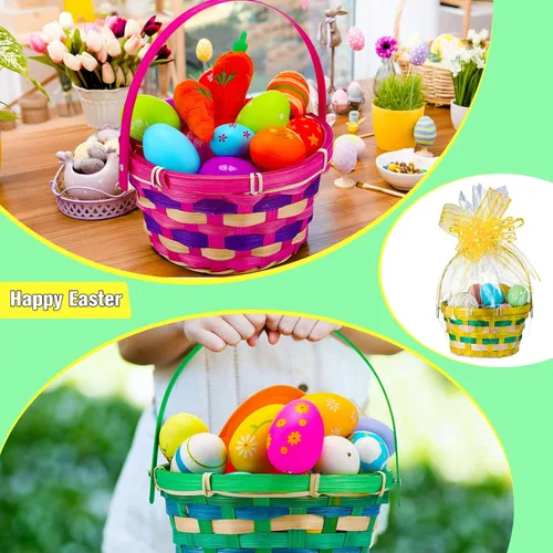 Miniatura 6 de Weysat Juego de 12 cestas de Pascua de bambú a granel, con asa redonda tejida transparente, bolsa de envoltura, lazo de conejo, papel de vidrio