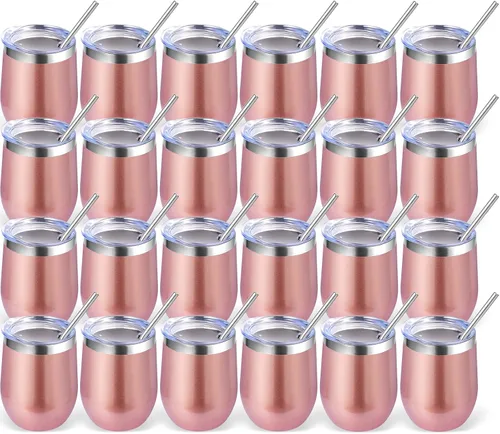 Miniatura 30 de Volhoply - Juego de 12 vasos de vino de 12 onzas con tapa, hechos de acero inoxidable con aislamiento al vacío de doble pared, vasos de vino sin Rosa
