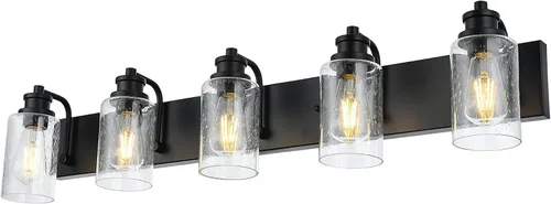 Miniatura 10 de Lámpara de baño vintage de 3 cabezales en acabado negro mate, pantalla de vidrio transparente clásica, iluminación de baño sobre espejo, lámpara