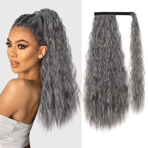 Miniatura 12 de Extensión de cola de caballo ondulada larga con pegamento mágico, resistente al calor, sintética, para envolver, cabello ondulado, para mujer