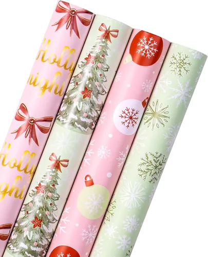 Miniatura 17 de WRAPAHOLIC Rollo de papel de regalo de Navidad de 30 pulgadas - Rollo jumbo rojo, verde y rosa de gnomo de Navidad y elfo festivo, colección de 4