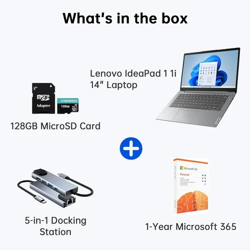 Miniatura 2 de Lenovo IdeaPad 1 1i - Laptop de 14 pulgadas con Microsoft 365 de 1 año, procesador Intel, 4 GB de RAM, 128 GB eMMC + 128 GB SSD, lector de tarjetas