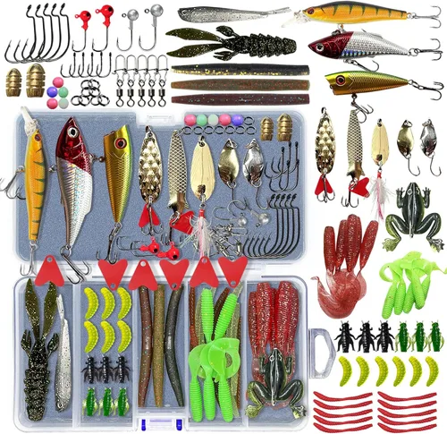 Miniatura 8 de Kit de señuelos de pesca, incluyendo cebos, anzuelos, palas, lombrices, plomos, ganchos, caja de aparejos y más equipo de pesca para truchas