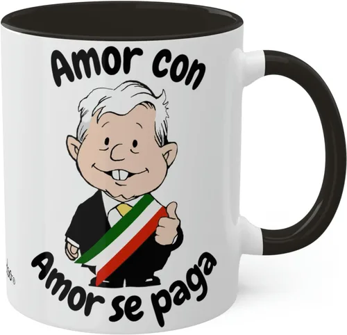 AMLO - Taza de café Amor Con Amor Se Paga Obrador, divertida caricatura, Muñeco AMLITO, taza de cerámica blanca brillante con colores vibrantes en