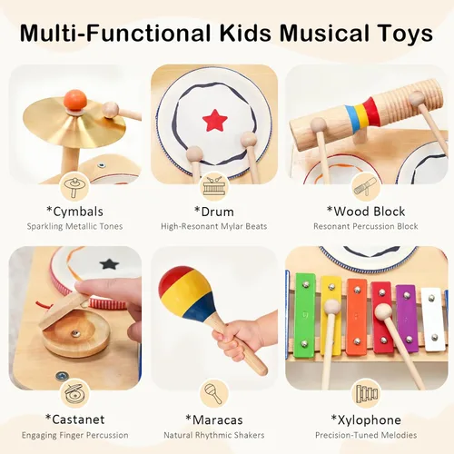 Miniatura 3 de WINGYZ Juego de batería para bebé, instrumentos musicales de madera 9 en 1 para niños pequeños de 1 a 3 años, juguetes de música Montessori