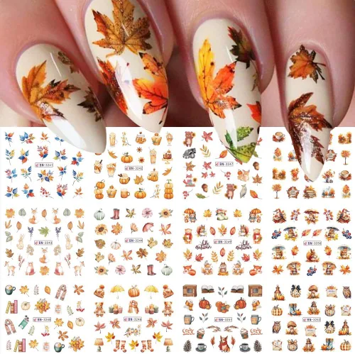 Miniatura 10 de Calcomanías de arte de uñas de Halloween, calcomanías de transferencia de agua, 12 unidades, calabaza, esqueleto, araña, fantasma, hoja de arce