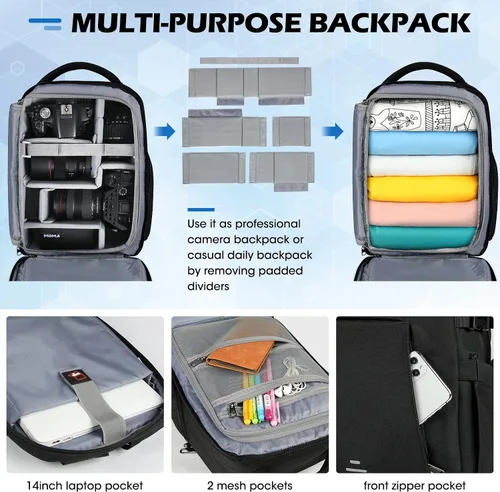 Miniatura 3 de RAINSMORE Mochila para cámara DSLR SLR sin espejo, compartimento profesional para laptop de 14 pulgadas, bolsa impermeable para fotografía
