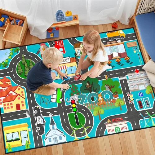 Miniatura 11 de Alfombra de carretera para habitación de niños, alfombra de juego azul para pista de carreras, alfombra de coche para dormitorio, sala