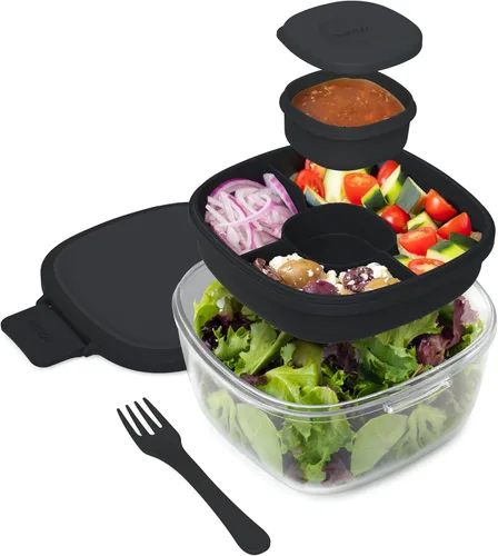 Miniatura 9 de Bentgo Recipiente de Ensalada de Vidrio Todo en Uno - Ensaladera Grande de 61 oz con Tapa, Bandeja Estilo Bento de 4 Compartimentos, Recipiente