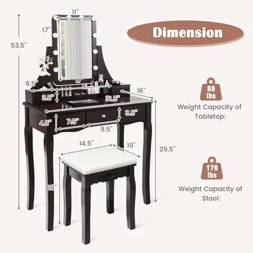 Miniatura 5 de CHARMAID - Mesa de tocador con espejo y luces, mesa de maquillaje con 5 cajones de almacenamiento, 3 modos de iluminación de color, brillo Espresso