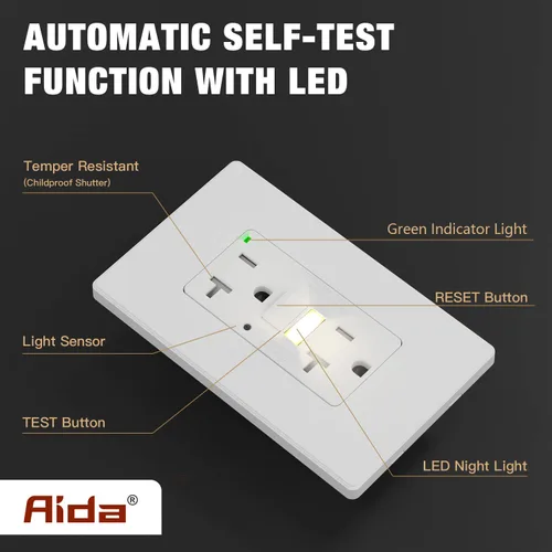 Miniatura 3 de AIDA Toma de corriente GFCI de 20 amperios, toma eléctrica de luz nocturna de autocomprobación, receptáculo resistente a manipulaciones con Blanco