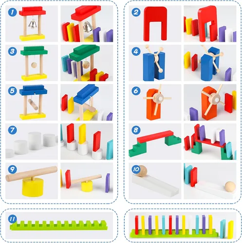 Miniatura 3 de Wondertoys Juego de 600 piezas de dominó para niños, bloques de construcción de madera, 6 colores, dominó a granel, juegos de azulejos de carreras