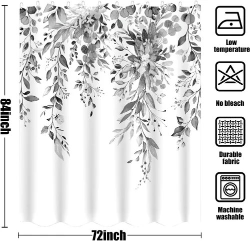 Miniatura 7 de Cortina de ducha extra larga de eucalipto gris y blanco de 84 pulgadas, cortinas de ducha de hojas florales grises para baño, cortina de baño