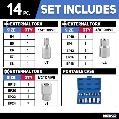 Miniatura 7 de NEIKO 04300A E-Torx Juego de Zócalos, 14 Piezas, Toma Torx Externa, E4 a E24, 1/4", 3/8" y 1/2" Unidad, Torx Externo Hembra, Torx Invertido, Acero